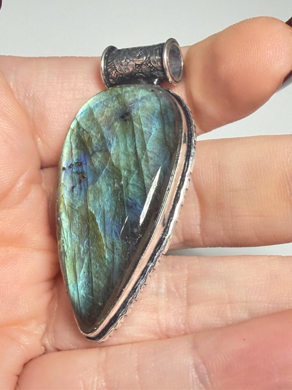 Labradorite Pendant | Blue Green Flash | Teardrop | Hollow Bale | 2 Inches - Picture 4 of 10